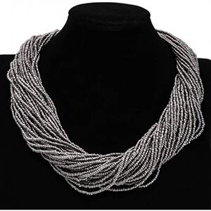 Silver Seed Beaded Necklace Boho Chunky Bead Necklace Multi Strand Seed Necklace